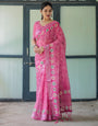 Fuchsia Pink Handcrafted Cotton Linen Saree with Geometric Print and Tassels