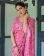 Fuchsia Pink Handcrafted Cotton Linen Saree with Geometric Print and Tassels