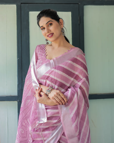 Purple Chevron Print Pure Cotton Linen Saree with Blouse and Tassels