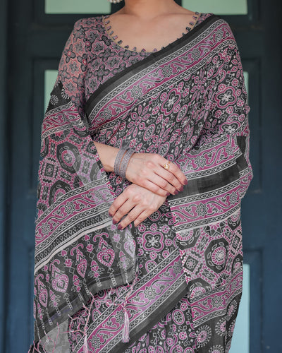 Black Pure Cotton Linen Saree with Pink Striped Pallu and Tassel Accents