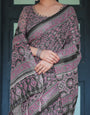 Black Pure Cotton Linen Saree with Pink Striped Pallu and Tassel Accents