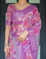 Purple and Pink Floral Printed Pure Cotton Linen Saree with Blouse and Tassels