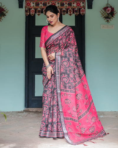 Pure Cotton Linen Saree in Black and Pink with Floral Print and Tassels