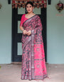 Pure Cotton Linen Saree in Black and Pink with Floral Print and Tassels