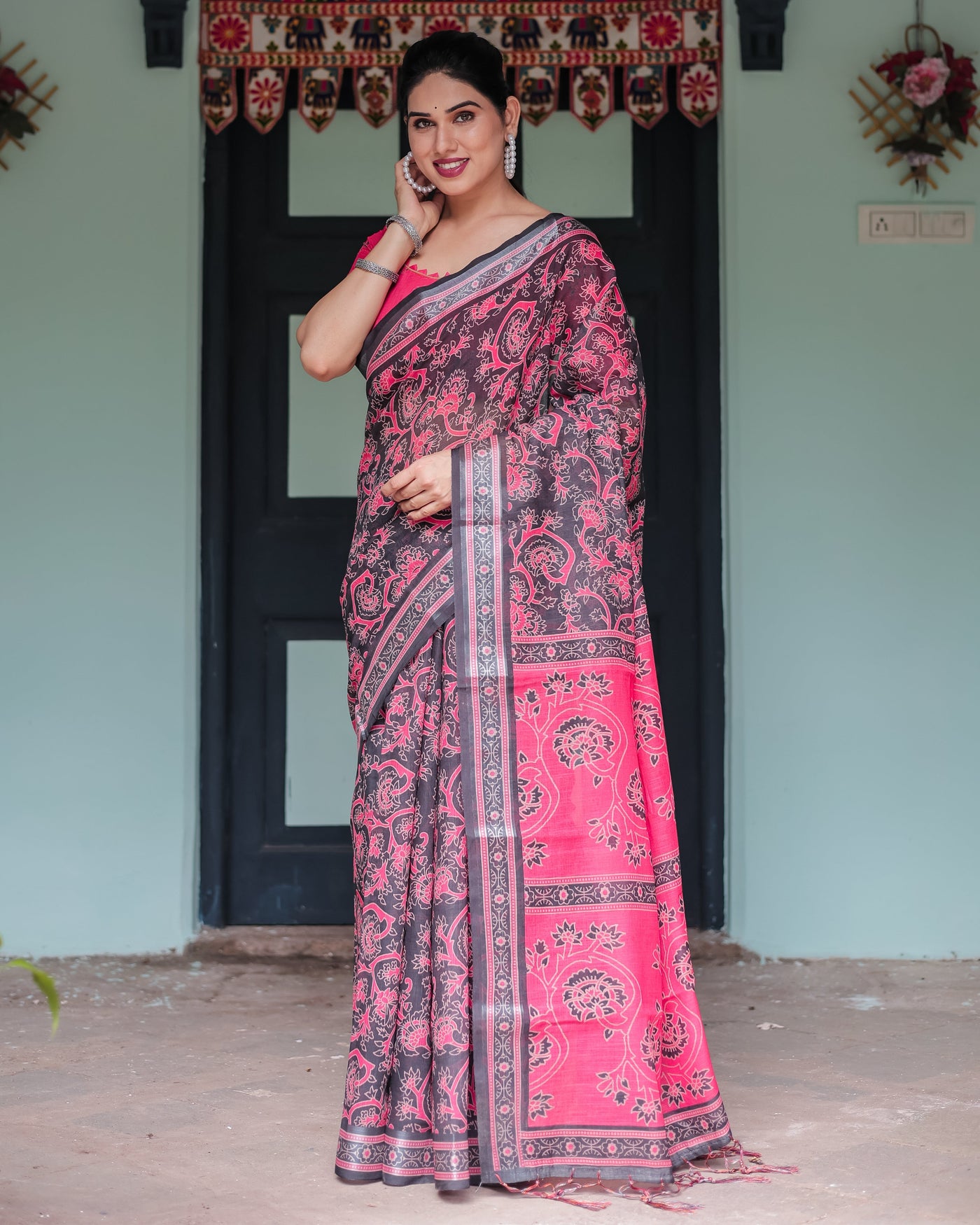 Pure Cotton Linen Saree in Black and Pink with Floral Print and Tassels