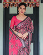 Pure Cotton Linen Saree in Black and Pink with Floral Print and Tassels