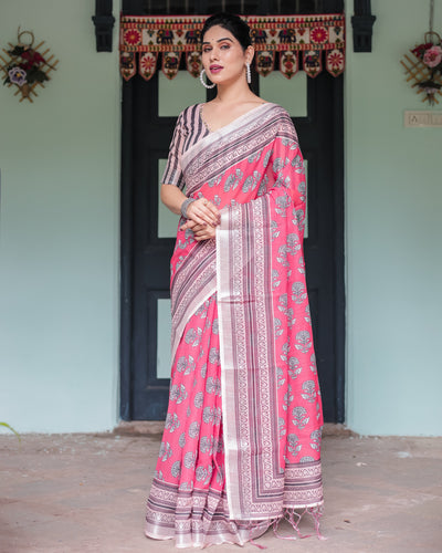 Pink and Beige Floral Printed Pure Cotton Linen Saree with Striped Blouse and Tassels on Edges