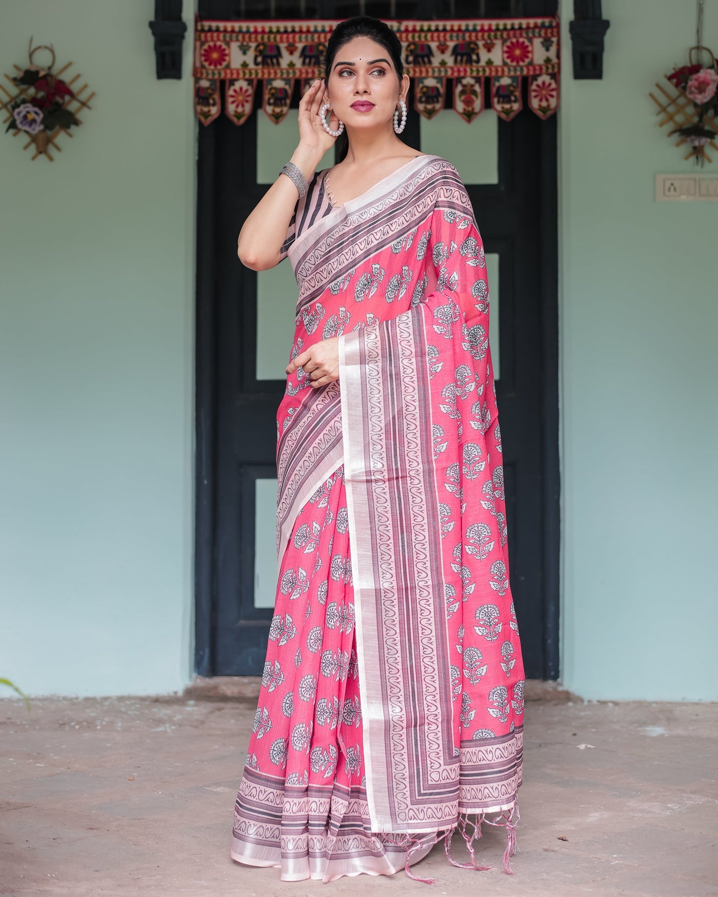 Pink and Beige Floral Printed Pure Cotton Linen Saree with Striped Blouse and Tassels on Edges