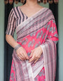 Pink and Beige Floral Printed Pure Cotton Linen Saree with Striped Blouse and Tassels on Edges