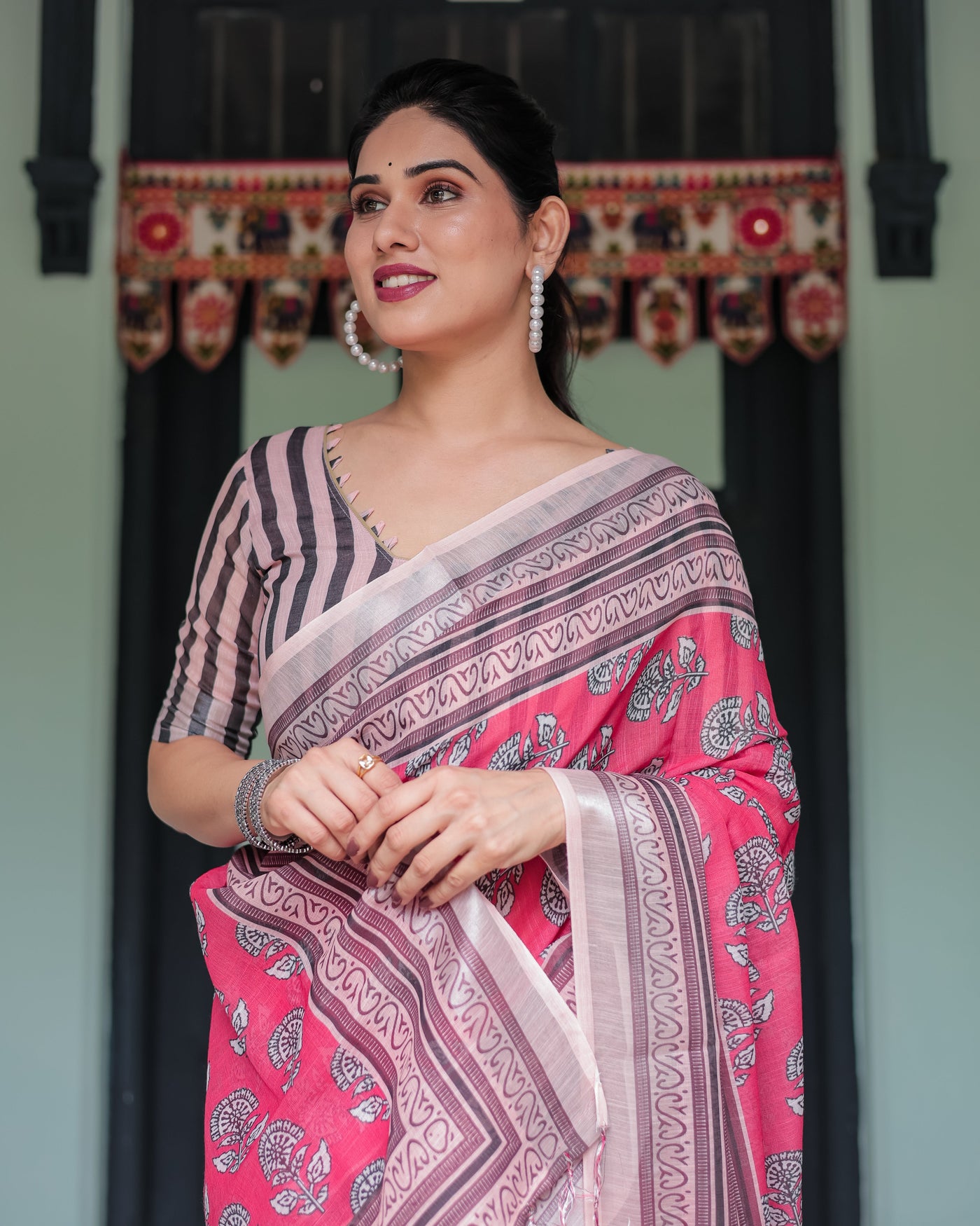 Pink and Beige Floral Printed Pure Cotton Linen Saree with Striped Blouse and Tassels on Edges