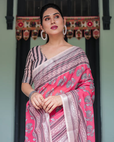 Pink and Beige Floral Printed Pure Cotton Linen Saree with Striped Blouse and Tassels on Edges