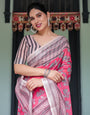 Pink and Beige Floral Printed Pure Cotton Linen Saree with Striped Blouse and Tassels on Edges