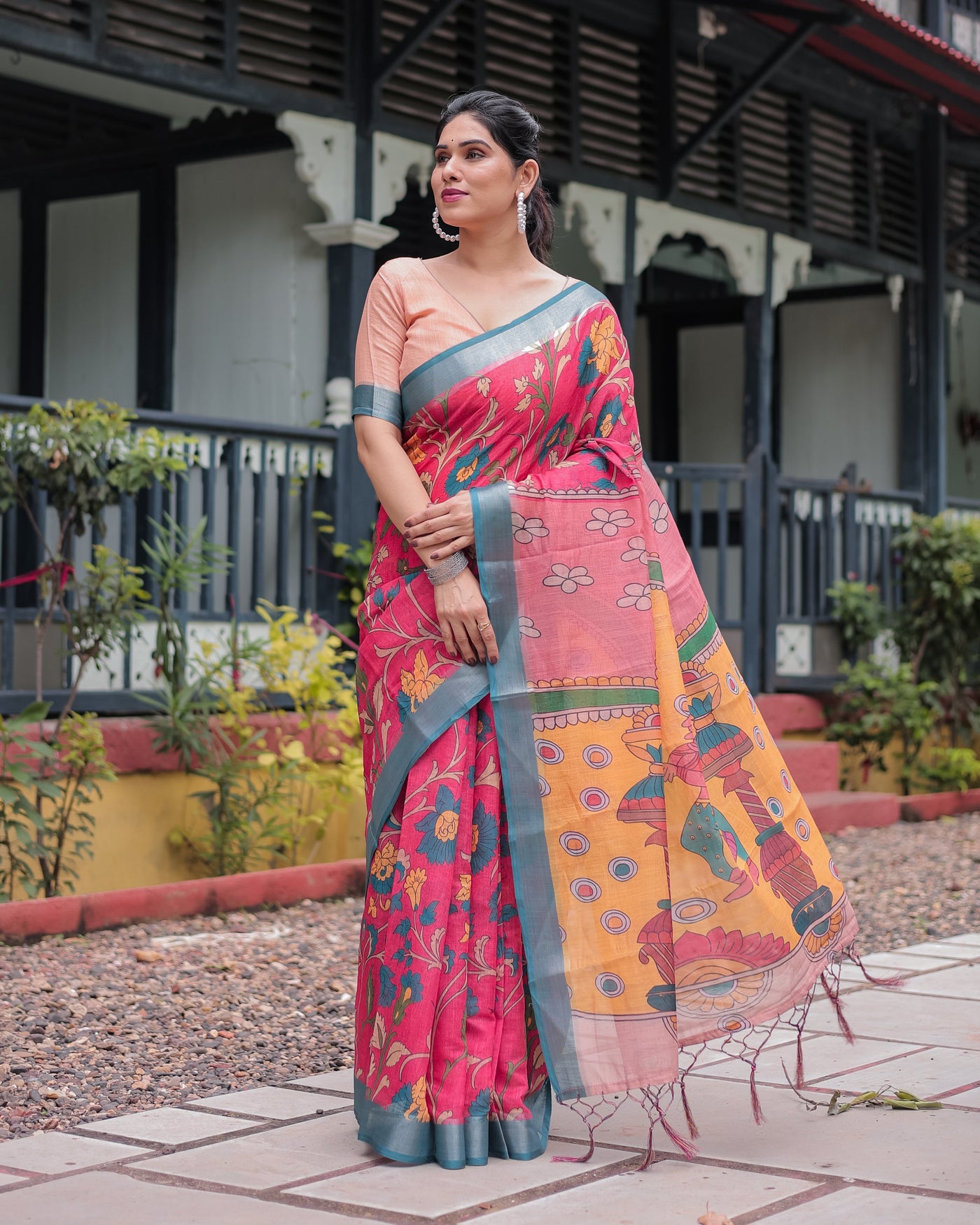 Pink and Orange Pure Cotton Linen Saree with Floral Kalamkari Print, Blue Border, and Tassels