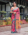 Pink and Orange Pure Cotton Linen Saree with Floral Kalamkari Print, Blue Border, and Tassels