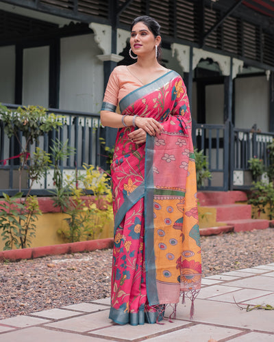 Pink and Orange Pure Cotton Linen Saree with Floral Kalamkari Print, Blue Border, and Tassels