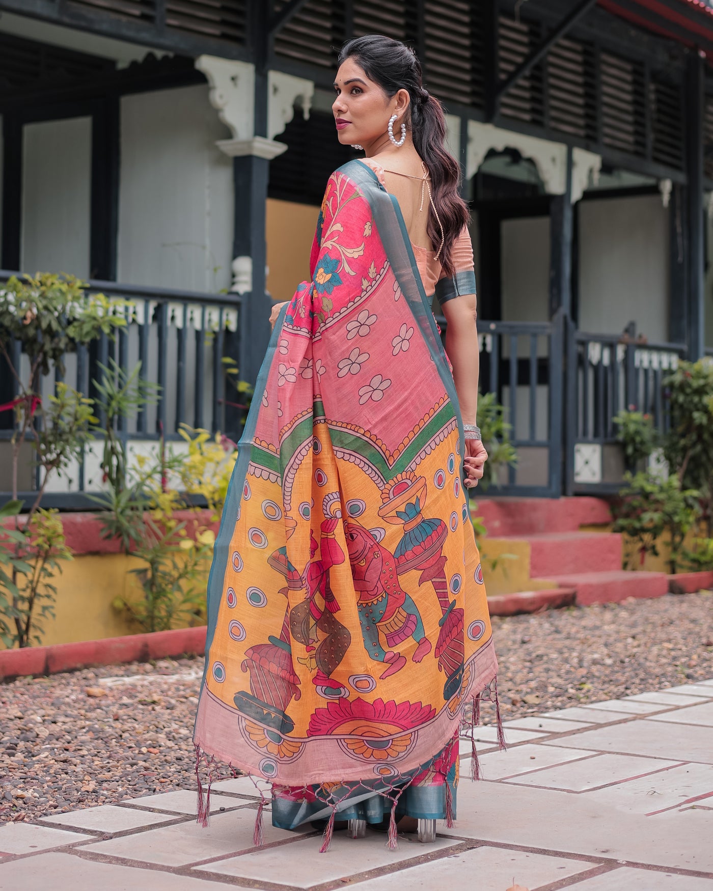 Pink and Orange Pure Cotton Linen Saree with Floral Kalamkari Print, Blue Border, and Tassels