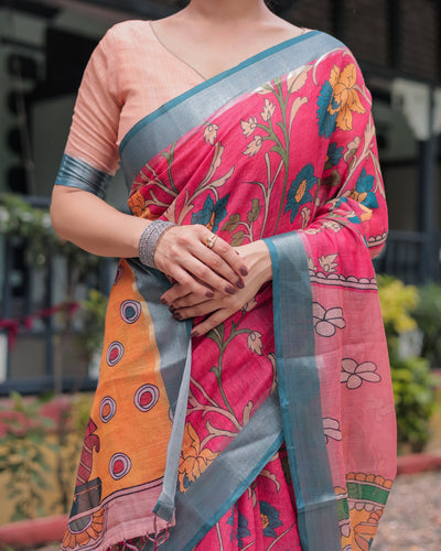 Pink and Orange Pure Cotton Linen Saree with Floral Kalamkari Print, Blue Border, and Tassels