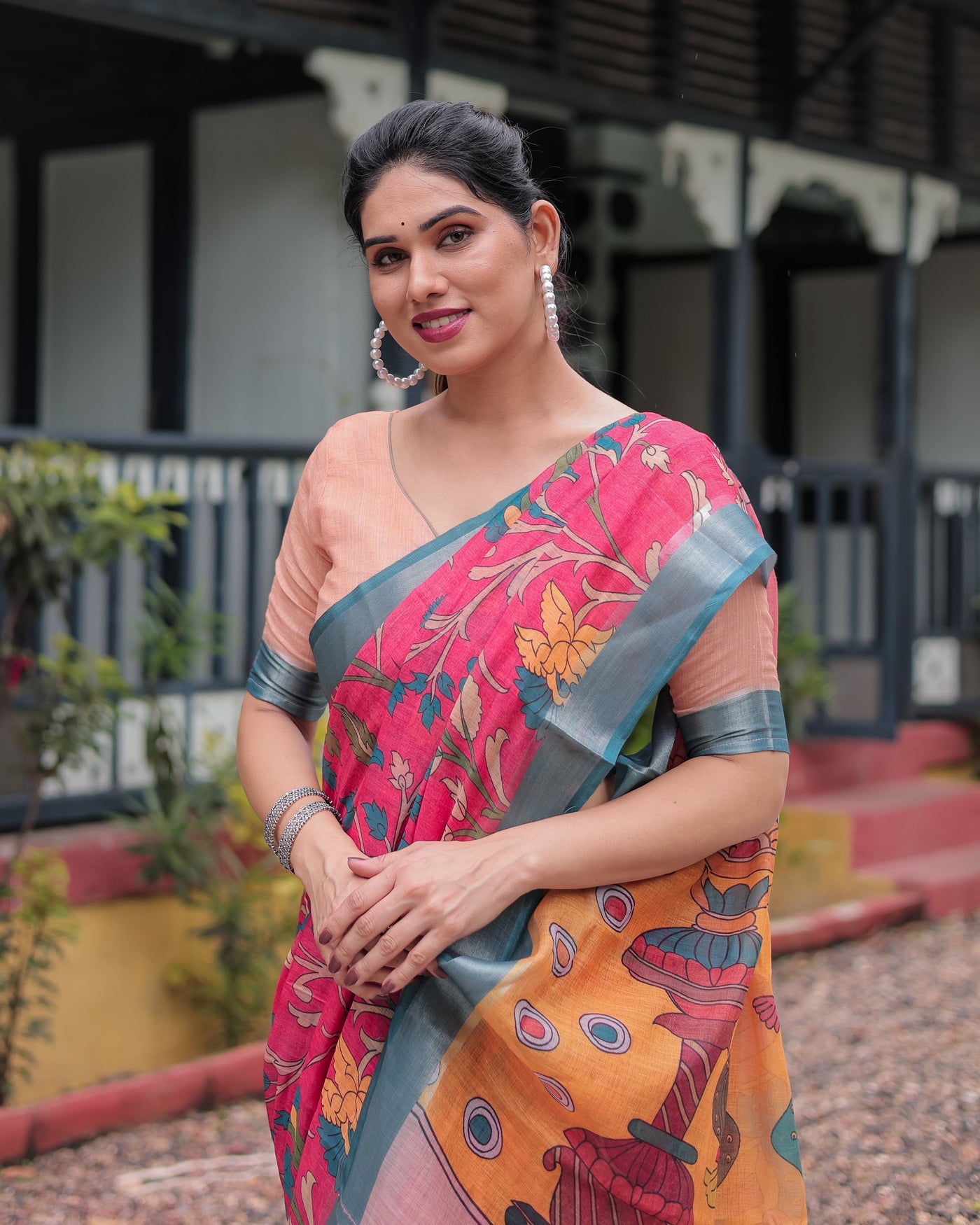 Pink and Orange Pure Cotton Linen Saree with Floral Kalamkari Print, Blue Border, and Tassels