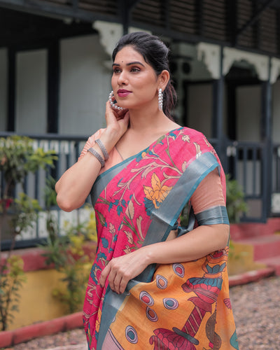 Pink and Orange Pure Cotton Linen Saree with Floral Kalamkari Print, Blue Border, and Tassels