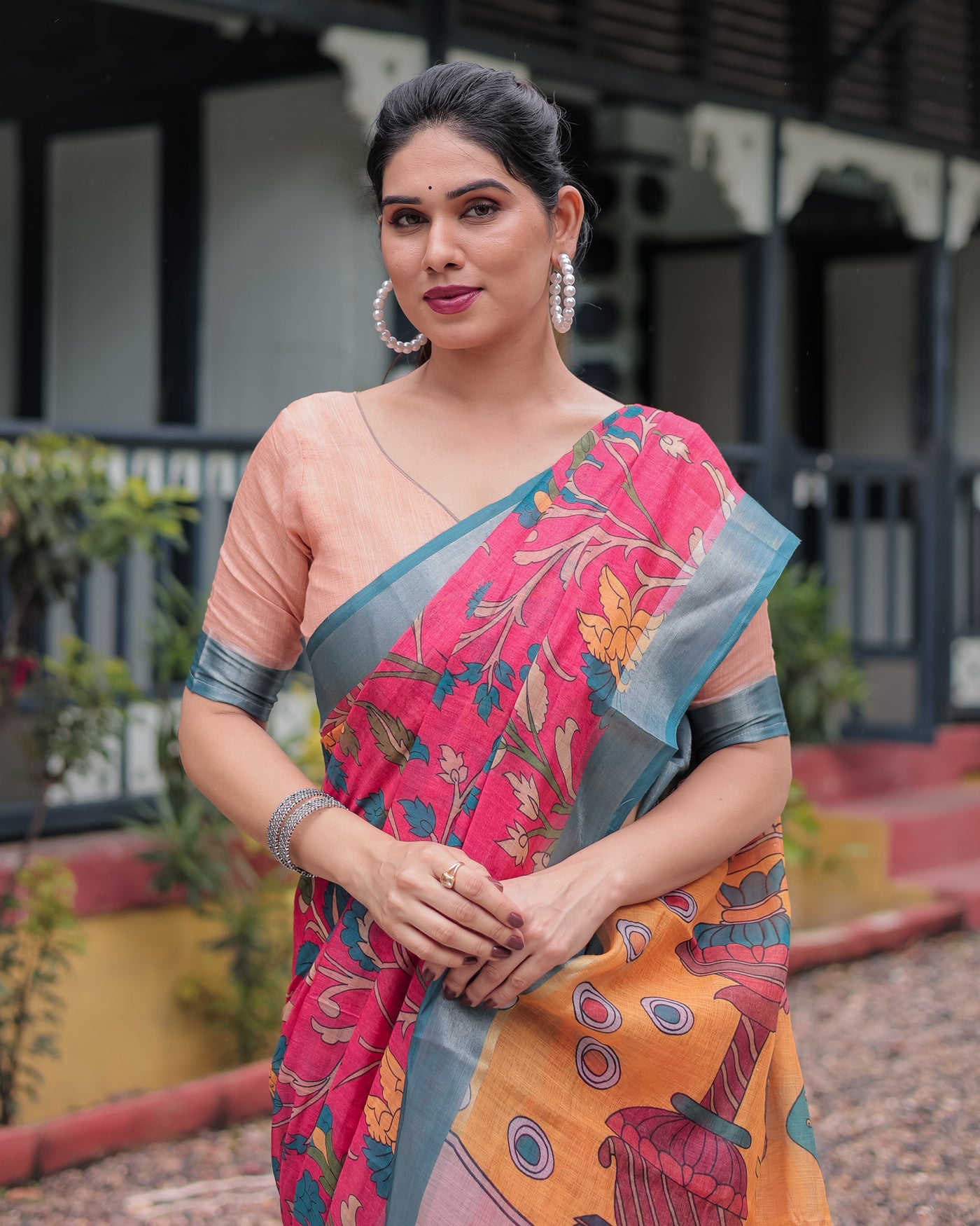 Pink and Orange Pure Cotton Linen Saree with Floral Kalamkari Print, Blue Border, and Tassels