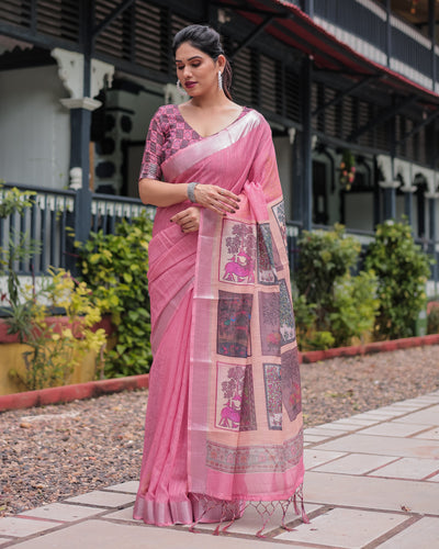 Pink Pure Cotton Linen Saree with Floral and Nature Print, Silver Border & Tassels