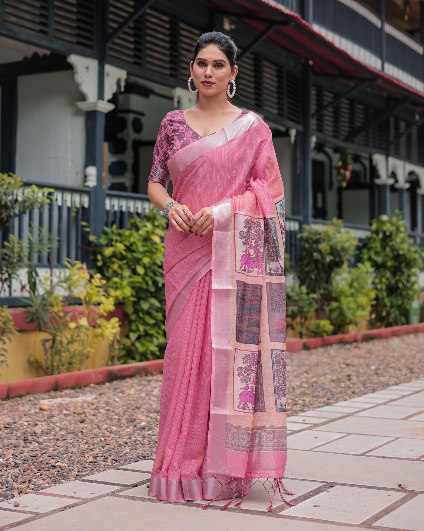 Pink Pure Cotton Linen Saree with Floral and Nature Print, Silver Border & Tassels