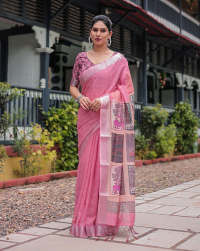 Pink Pure Cotton Linen Saree with Floral and Nature Print, Silver Border & Tassels