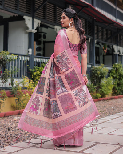 Pink Pure Cotton Linen Saree with Floral and Nature Print, Silver Border & Tassels