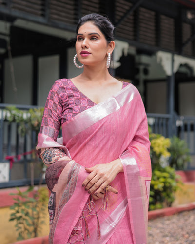 Pink Pure Cotton Linen Saree with Floral and Nature Print, Silver Border & Tassels