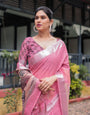 Pink Pure Cotton Linen Saree with Floral and Nature Print, Silver Border & Tassels