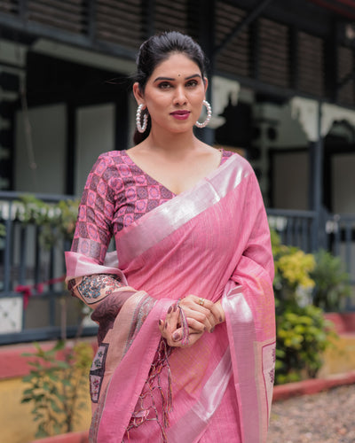 Pink Pure Cotton Linen Saree with Floral and Nature Print, Silver Border & Tassels