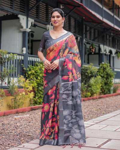 Multicolor Floral Design Pure Cotton Linen Saree with Blouse and Tassels