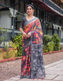 Multicolor Floral Design Pure Cotton Linen Saree with Blouse and Tassels