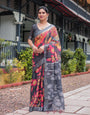 Multicolor Floral Design Pure Cotton Linen Saree with Blouse and Tassels