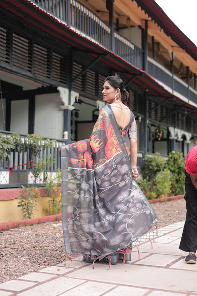 Multicolor Floral Design Pure Cotton Linen Saree with Blouse and Tassels