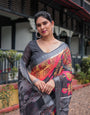 Multicolor Floral Design Pure Cotton Linen Saree with Blouse and Tassels