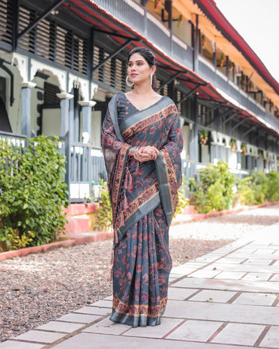 Charcoal Gray Floral Design Pure Cotton Linen Saree with Blouse and Tassels