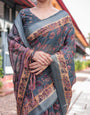 Charcoal Gray Floral Design Pure Cotton Linen Saree with Blouse and Tassels