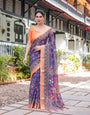 Indigo Blue Floral Print Pure Cotton Linen Saree with Orange Border and Tassels