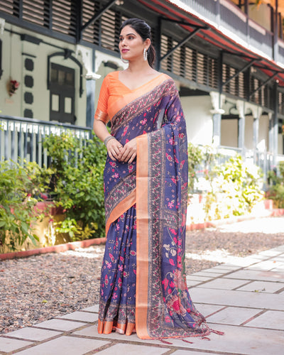 Indigo Blue Floral Print Pure Cotton Linen Saree with Orange Border and Tassels