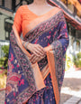 Indigo Blue Floral Print Pure Cotton Linen Saree with Orange Border and Tassels