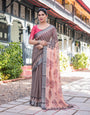 Peach and Black Floral and Geometric Design Pure Cotton Linen Saree with Blouse and Tassels