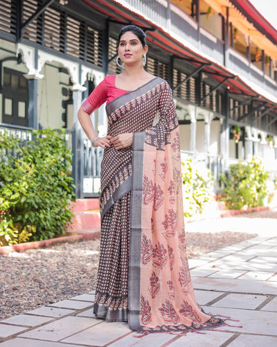 Peach and Black Floral and Geometric Design Pure Cotton Linen Saree with Blouse and Tassels