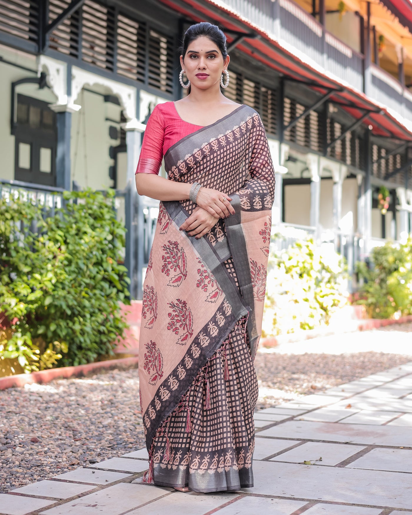 Peach and Black Floral and Geometric Design Pure Cotton Linen Saree with Blouse and Tassels