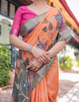 Orange and Olive Green Kalamkari Design Pure Cotton Linen Saree with Blouse and Tassels