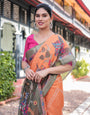 Orange and Olive Green Kalamkari Design Pure Cotton Linen Saree with Blouse and Tassels