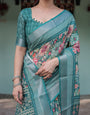 Teal Green Floral Printed Pure Cotton Linen Saree with Blouse and Tassels on Edges