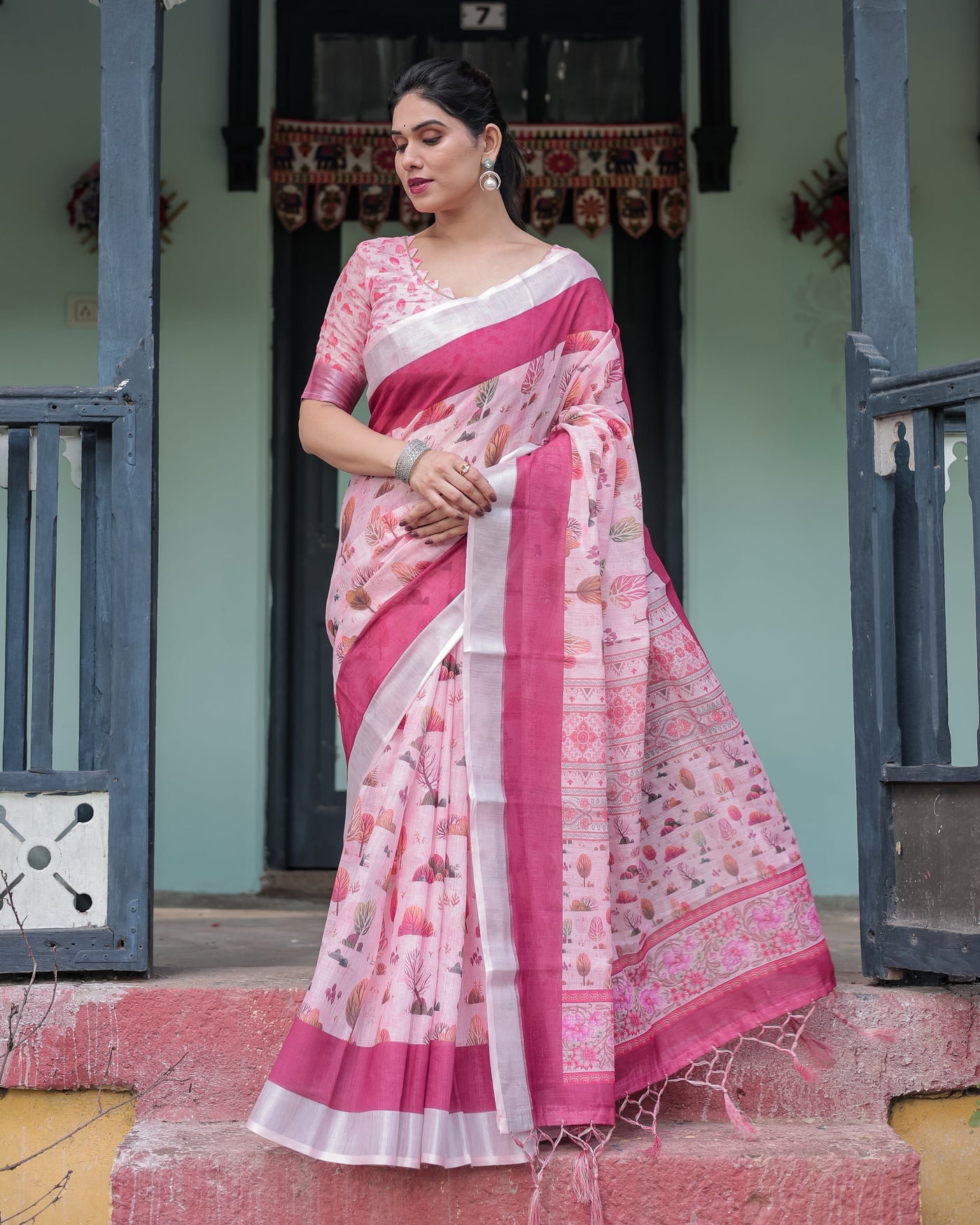 Soft Pink and Magenta Floral & Foliage Print Cotton Linen Saree with Blouse and Tassel Finish