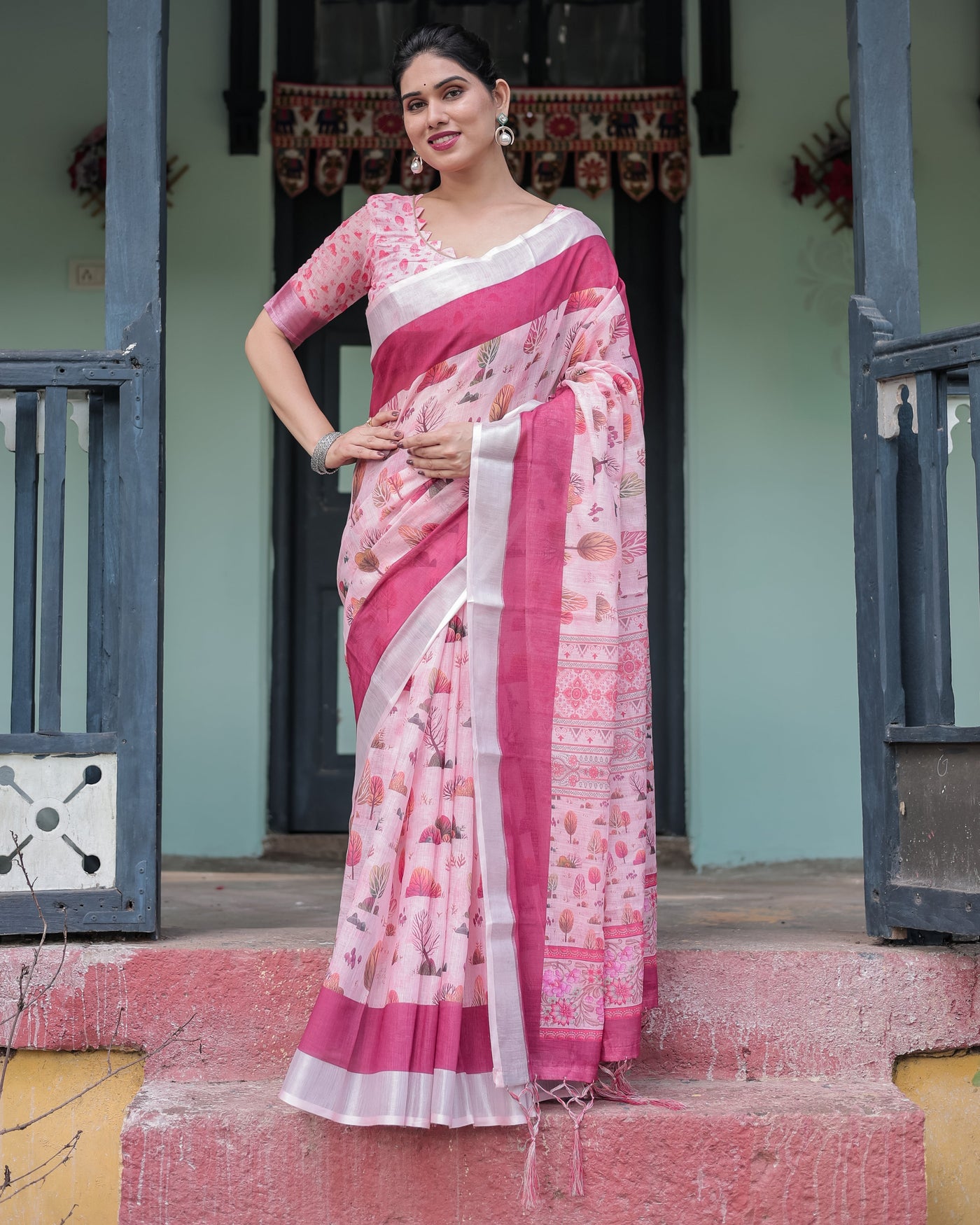 Soft Pink and Magenta Floral & Foliage Print Cotton Linen Saree with Blouse and Tassel Finish