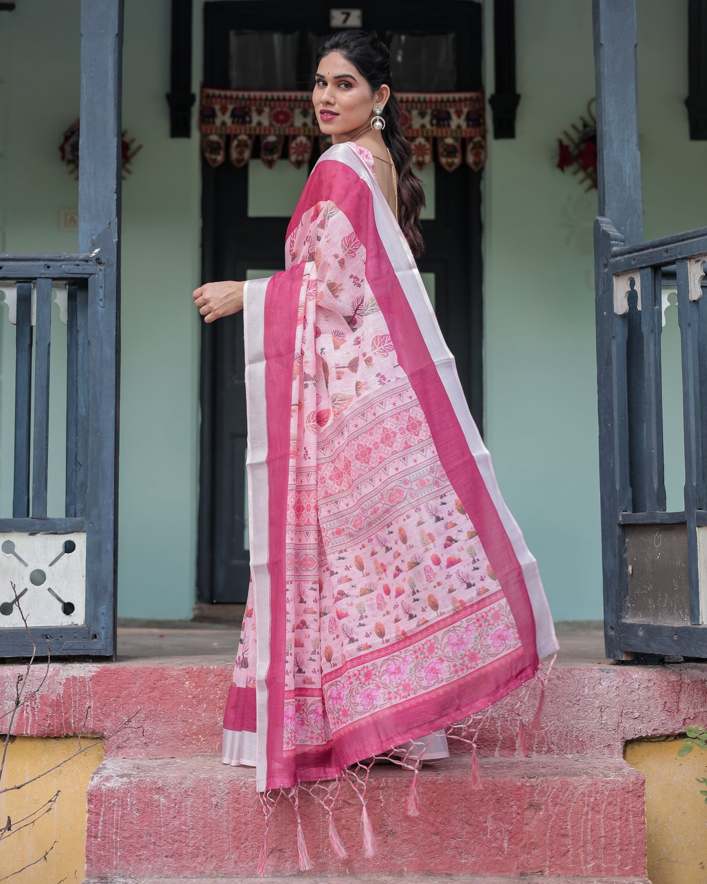 Soft Pink and Magenta Floral & Foliage Print Cotton Linen Saree with Blouse and Tassel Finish